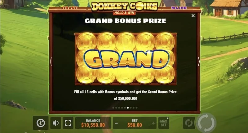 Donkey Coins Hold & Win - οθόνη με τα Jackpot Mini, Minor, Major, Grand
