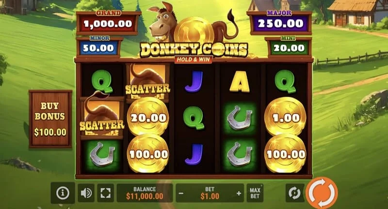 Donkey Coins Hold & Win - κύρια οθόνη με τους τροχούς